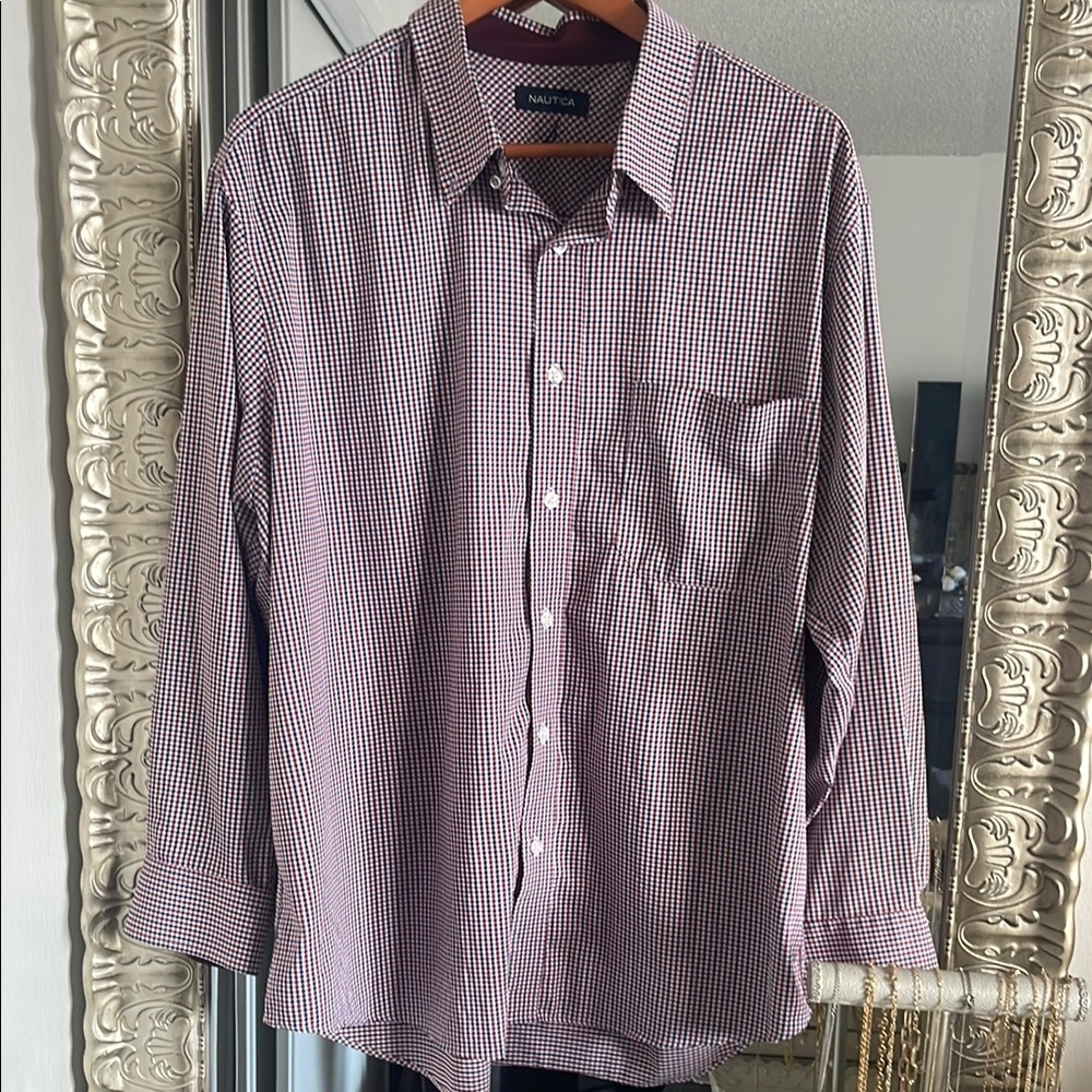 Nautica|navy blue and deep red Checkered Button Down Shirt|XL|EUC